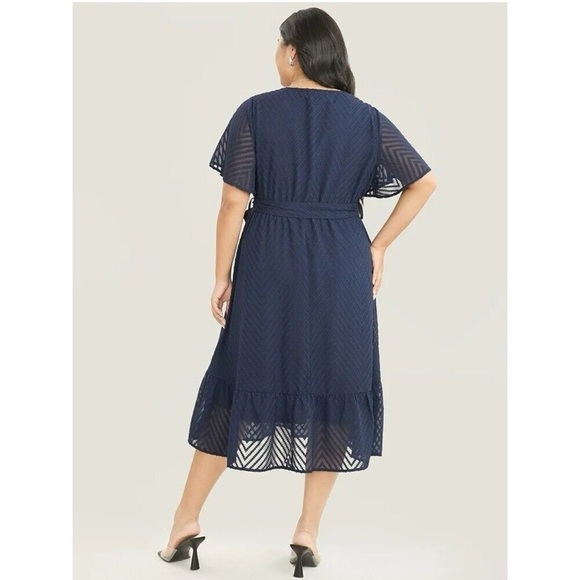 Bloomchic Plus Size Plain Geometric Pocket Mesh Ruffle Sleeve Belted Wrap Dress - Picture 2 of 7